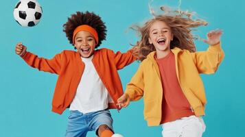 Two cheerful children playing soccer indoors, wearing vibrant jackets and having fun, with a bright blue background photo
