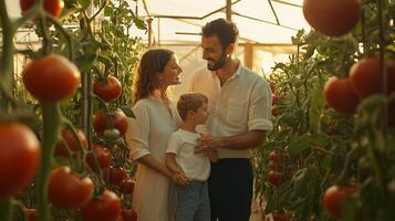 A family enjoys time together while harvesting ripe tomatoes in a sunlit greenhouse during the summer photo