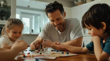 Family enjoys game night at home, engaging in strategy and fun with children while smiling and interacting together photo