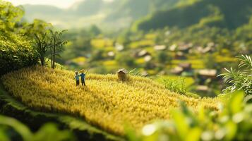 Farmers tending to a golden rice field in a lush rural area at sunrise, surrounded by mountains and greenery photo