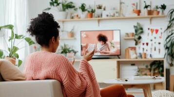 A woman relaxes at home, enjoying a cozy evening with a game and her favorite show playing on the television photo