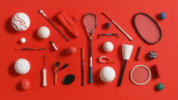 A vibrant arrangement of various sports equipment set against a red background showcasing diversity in athletic activities photo