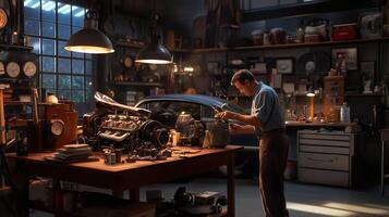 A mechanic works meticulously on an engine in a well-lit garage filled with tools and car parts during late afternoon photo
