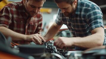 Two men working together to repair an engine in a garage during the afternoon, showcasing teamwork and mechanical skills photo