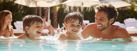 A joyful father enjoys playtime with his children in a swimming pool on a sunny day at a family-friendly resort photo