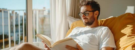 A man relaxes in a sunlit room while reading a book on a cozy yellow sofa in a modern apartment photo
