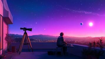 A stargazer enjoying a serene evening on a rooftop, observing celestial bodies with a telescope in a vibrant twilight sky photo