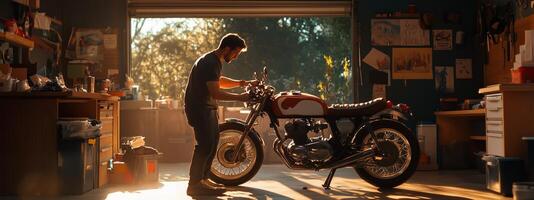 A man working on a classic motorcycle in a sunlit garage, surrounded by tools and creative memorabilia in the late afternoon photo