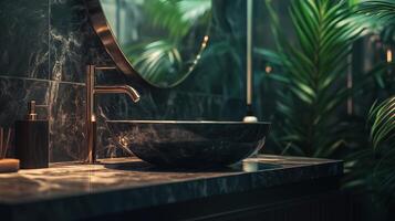 Elegant modern bathroom with dark marble sink and lush greenery in a tranquil setting photo