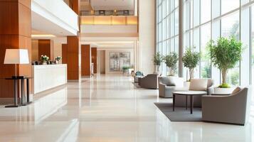 Modern hotel lobby featuring spacious seating, elegant design, and greenery during daylight hours in a contemporary setting photo
