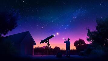Stargazing at twilight with a telescope in a tranquil rural setting photo