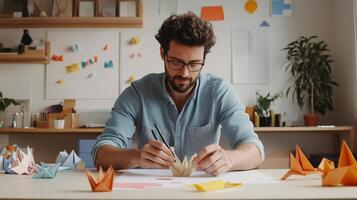Man creating intricate origami art in a well-lit workspace filled with colorful paper and artistic supplies photo