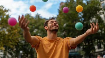 A man joyfully juggling colorful balls in a park filled with trees and a bright sky during a sunny afternoon photo