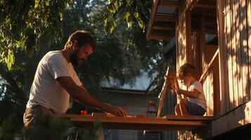 Father and son working together on a treehouse structure during golden hour in a peaceful backyard setting photo