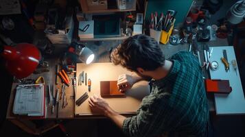 Craftsman working diligently on a leather project at a well-organized workspace, illuminated by warm lamp light during evening hours photo
