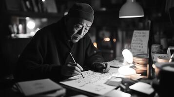 Elderly man writing calligraphy in a dimly lit room, surrounded by books and warm light photo