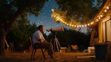 Man sitting outside at night gazing through a telescope under a starry sky with string lights illuminating a cozy backyard photo