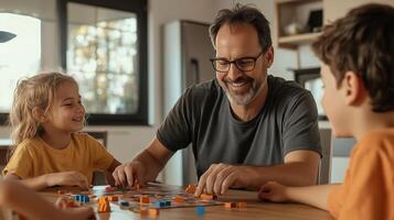 Family members enjoy a game of strategy and creativity at home during a sunny afternoon while bonding together photo