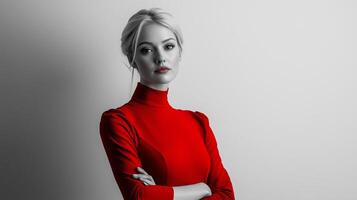 A woman in a red turtleneck top stands confidently against a black and white backdrop with her arms crossed photo