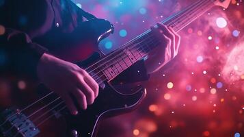 un guitarrista realiza apasionadamente en etapa con vibrante luces y vistoso bokeh efectos durante un En Vivo música evento a noche foto