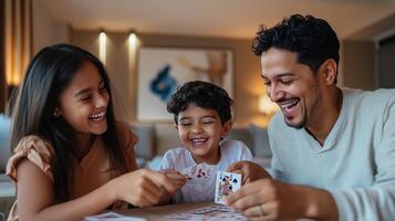 Family enjoys a fun card game together at home in the evening, laughing and bonding in a cozy living room atmosphere photo