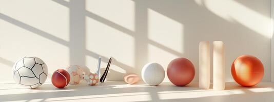 A variety of sports and decorative balls arranged neatly with natural light casting shadows on a minimalist surface photo