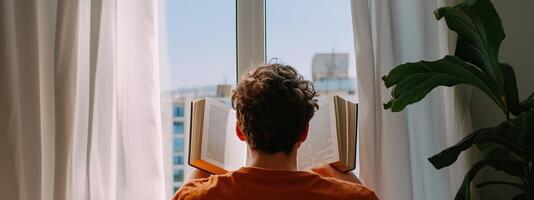 A person enjoys reading a book by the window while gazing at the city skyline during a sunny day photo