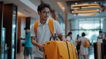 A traveler with a yellow suitcase walks through a hotel lobby during daytime, ready for check-in at a luxurious destination photo