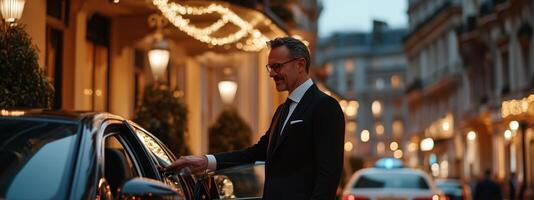 Elegant man in formal attire standing beside a luxury car at dusk on a city street illuminated by warm lights photo