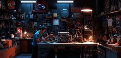 A mechanic repairs a classic car in a cluttered workshop filled with tools and vintage memorabilia, capturing a moment of craftsmanship and dedication photo