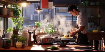 A chef preparing a delicious pasta dish in a sunlit kitchen filled with fresh herbs and vibrant ingredients during late afternoon photo