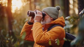 An older man in a warm jacket observes nature with binoculars during sunrise in a forest photo