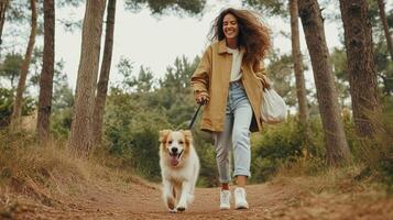 A joyful woman walking her dog along a forest trail on a sunny day, enjoying nature in the early afternoon light photo