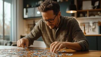 A man meticulously assembles a colorful puzzle at home during the afternoon in a cozy kitchen setting photo