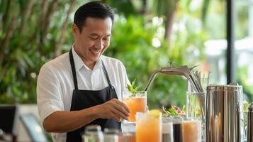 Bartender preparing refreshing cocktails at a vibrant bar during a sunny afternoon in a tropical setting photo