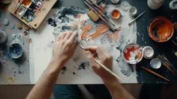 An artist creating a colorful composition in a well-lit studio filled with paint and brushes during a creative afternoon photo