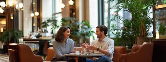 A couple enjoys a lively conversation over drinks in a stylish cafe adorned with greenery during the afternoon photo