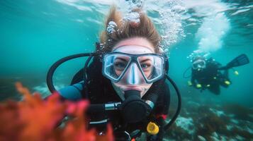 Diving adventure in vibrant coral reefs with explorers observing marine life in clear turquoise waters photo