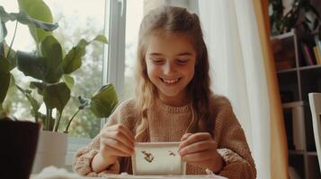 Young girl enjoys creating colorful crafts indoors with plants and natural light streaming through the window during a sunny afternoon photo