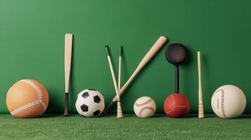 Collection of various sports balls and bats arranged neatly against a green backdrop, showcasing a range of athletic equipment photo
