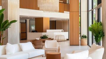 Modern lobby interior design featuring bright space and elegant furnishings in a contemporary hotel setting photo