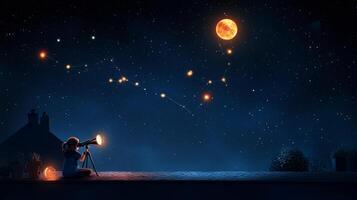 Child observing stars and the moon through a telescope on a clear night from a rooftop in a quiet neighborhood photo