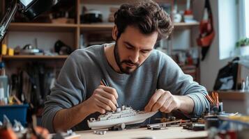A man intricately works on a detailed ship model in a well-organized workshop during the afternoon photo