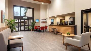 Modern lobby interior design featuring seating arrangements and a reception desk in a well-lit space during daylight hours photo