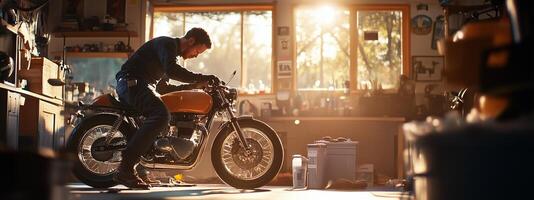 A mechanic works diligently on a classic motorcycle in a sunlit garage filled with tools and memorabilia during the late afternoon photo