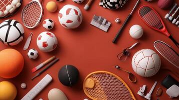 A vibrant collection of various sports equipment including balls, rackets, and accessories arranged on a colorful background photo