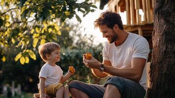 Father and son enjoying snacks outdoors during golden hour in a lush garden setting, surrounded by trees and sunshine photo