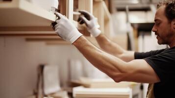 A carpenter installs shelving in a workshop, showcasing crafting skills and attention to detail during the late afternoon photo