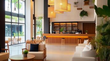 Modern hotel lobby with a stylish bar area featuring natural light and contemporary furnishings photo