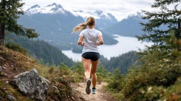 A young woman jogging on a forest trail by a lake with mountains in the background during a clear day in summer photo